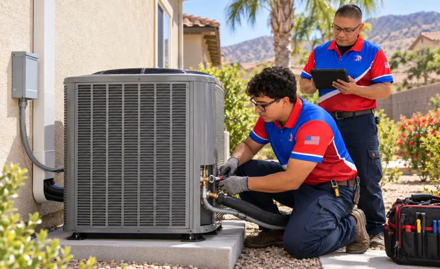 AmeriWest technicians installing a new central AC unit at a Riverside County home.