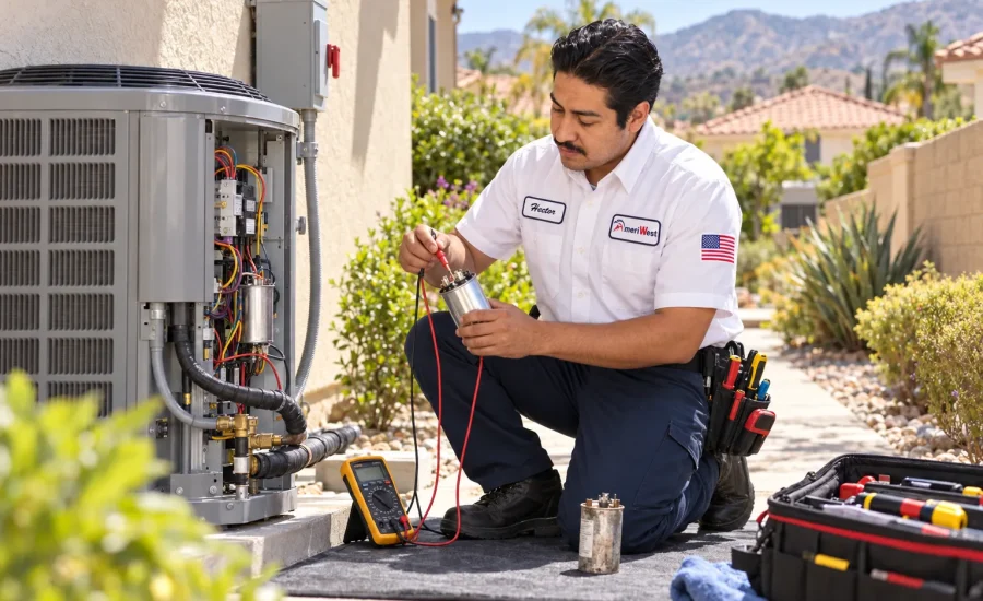 AmeriWest technician repairing an outdoor AC unit at a Riverside County home.