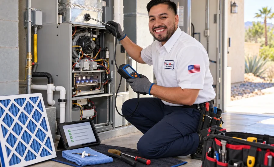 AmeriWest technician performing a furnace tune up at a Riverside County home.