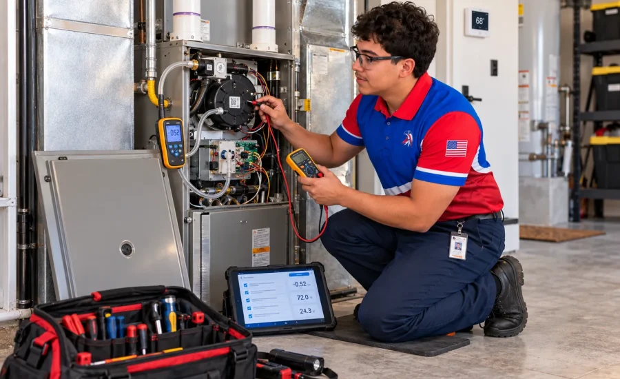 AmeriWest technician performing heating diagnostic testing on a residential furnace in Riverside County, California.
