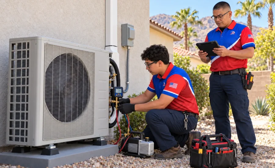 AmeriWest technicians installing and commissioning a heat pump at a Riverside County home.