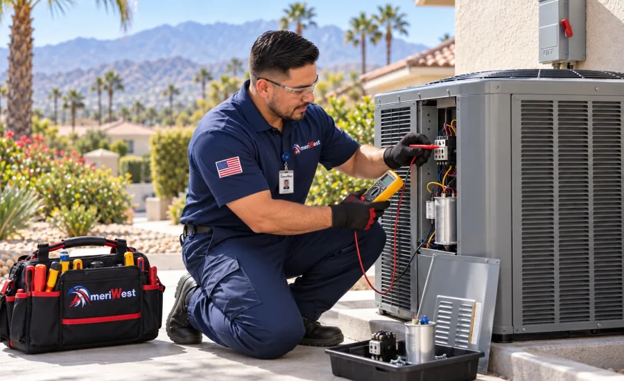 AmeriWest technician performing HVAC repair on an outdoor air conditioning unit in Riverside County, California.