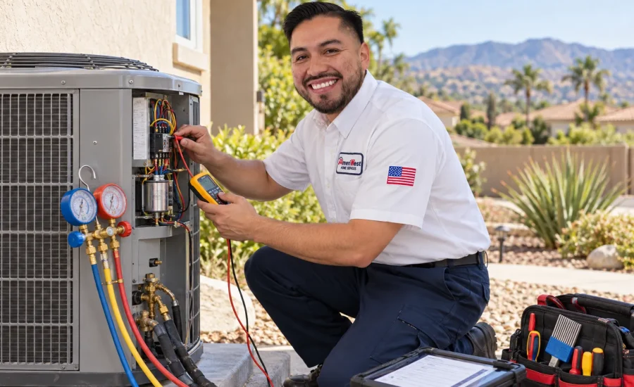 AmeriWest technician performing an AC maintenance and tune up at a Riverside County home.