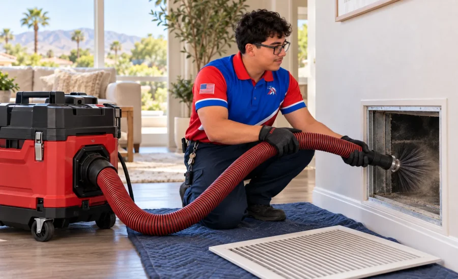 AmeriWest technician using professional vacuum equipment to clean an HVAC air duct in a Riverside County home.