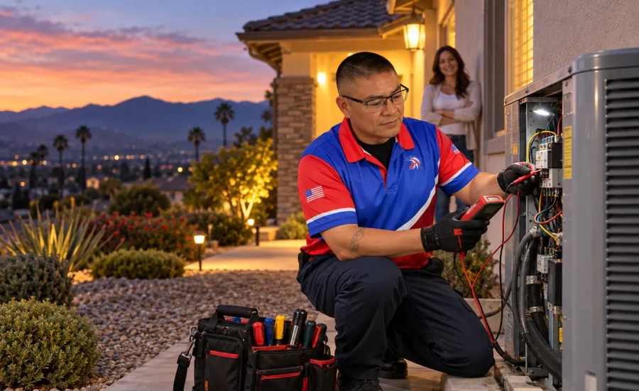 AmeriWest technician diagnosing an outdoor air-conditioning system during an emergency HVAC service call in Riverside County, California.