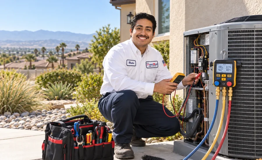 AmeriWest technician performing preventive HVAC maintenance on an outdoor system at a Riverside County home.